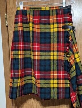 Vtg Mosbrook Wool Tartan Yellow Plaid Pinned Wrap Kilt Skirt Womens M Pleated